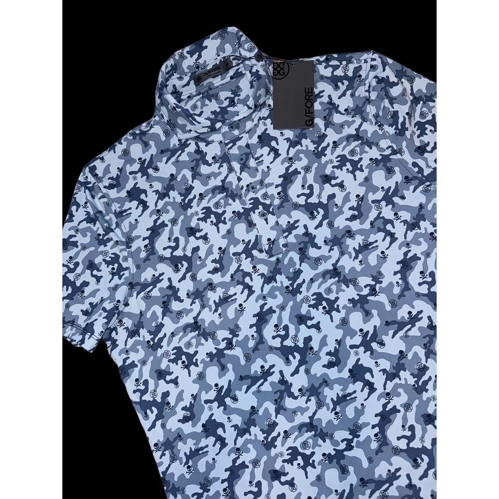 G/Fore Polo Shirt Men's MD Short Sleeve All Over Skulls Blue Camo Print Golf NWT